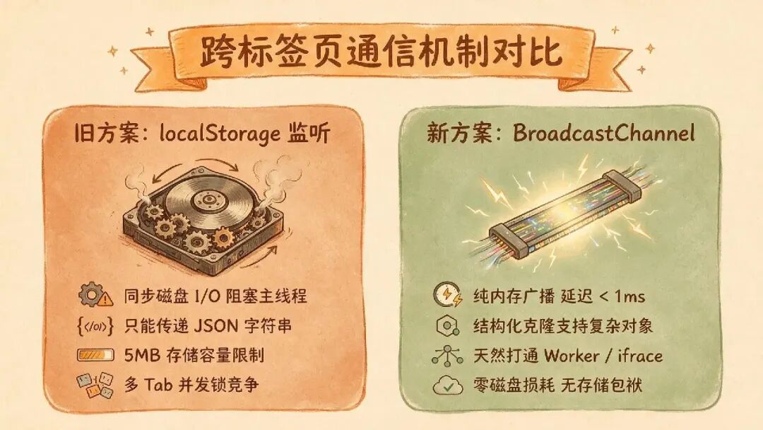 跨标签页通信机制对比：localStorage 监听 vs BroadcastChannel 原生广播