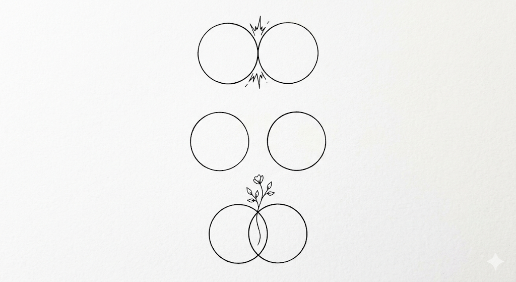 维恩图与生长的小花，象征融合与共生