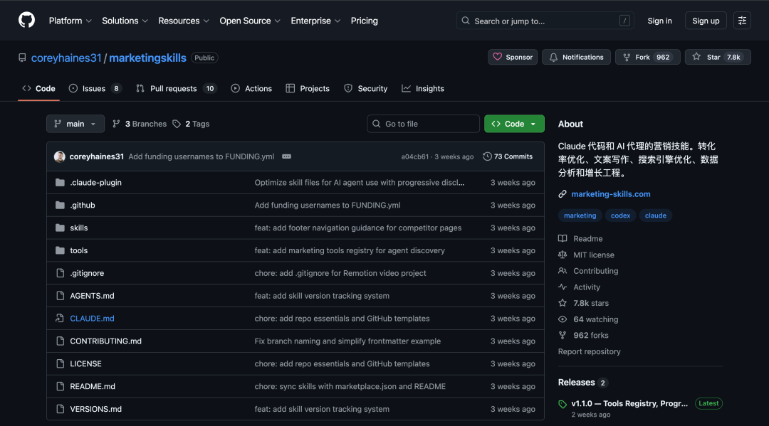 marketingskills GitHub 仓库界面截图