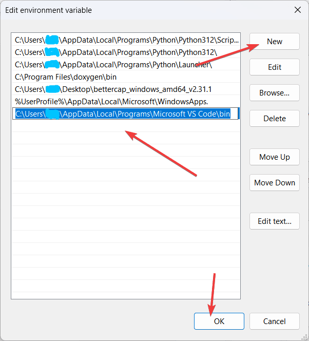 编辑环境变量对话框中新增 VS Code bin 目录路径