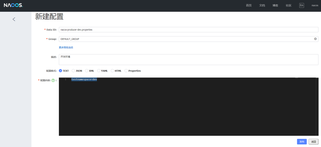 在 dev 命名空间下新建配置
