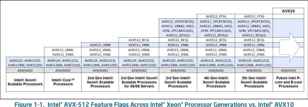 Intel AVX-512与AVX10特性在各代Xeon处理器中的演进对比图