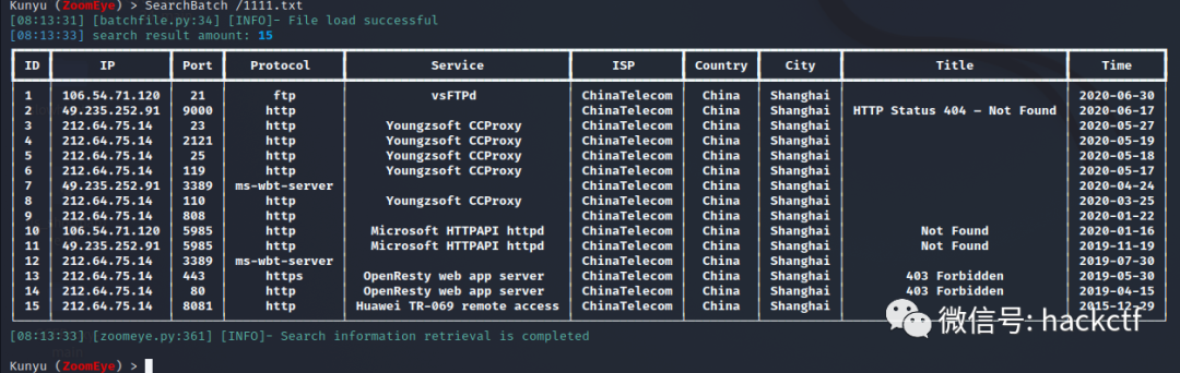 Kunyu工具的SearchBatch批量IP搜索功能结果