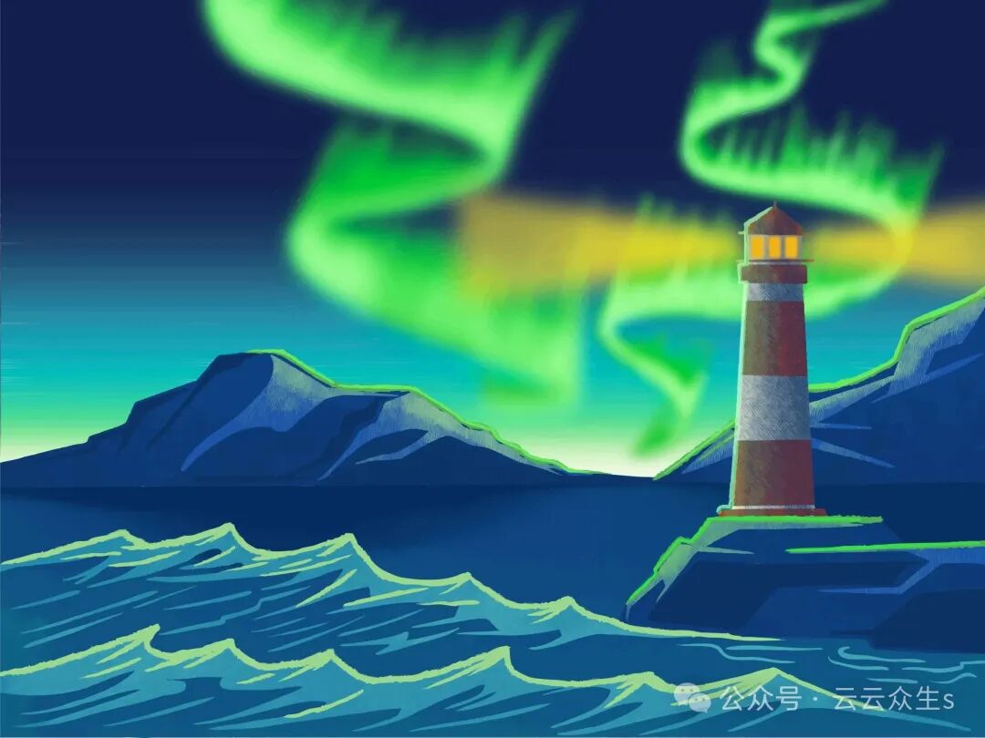 一幅插画风格的夜景图:深蓝色夜空中有绿色的极光如丝带般舞动,下方是波涛起伏的蓝色海面,远处是矗立的灯塔与山峦