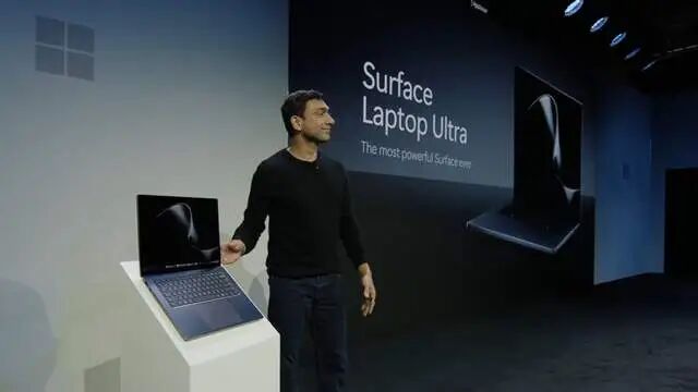 Surface Laptop Ultra 发布会现场,屏幕展示 The most powerful Surface ever