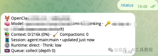 AI助手状态信息卡片，显示模型、上下文、会话等运行参数