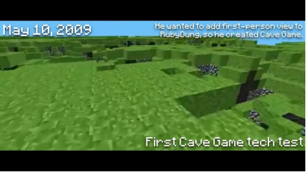 Minecraft早期开发版本Cave Game截图,绿色方块草地和起伏地形