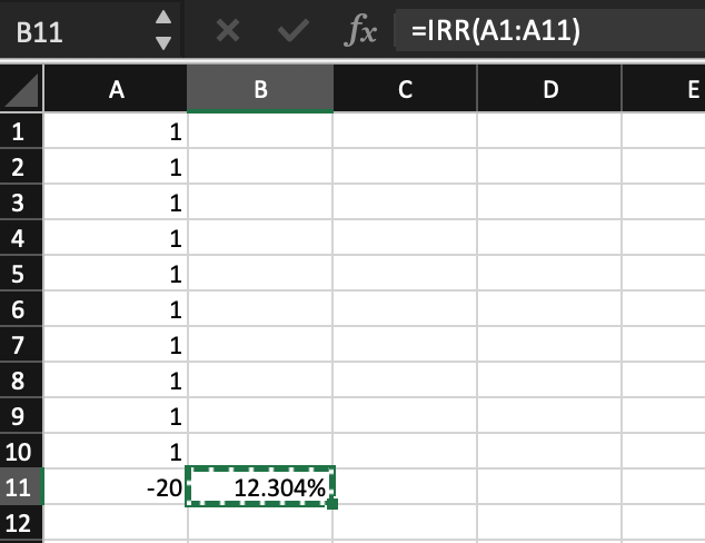 Excel计算年金型IRR,每年投入1万,10年后20万