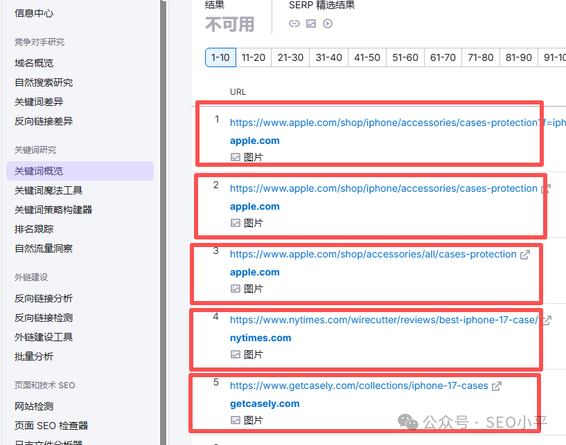 Semrush关键词搜索结果展示URL结构