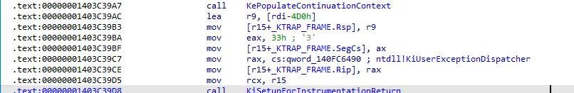 设置 TrapFrame 的 Rip 为 KiUserExceptionDispatcher
