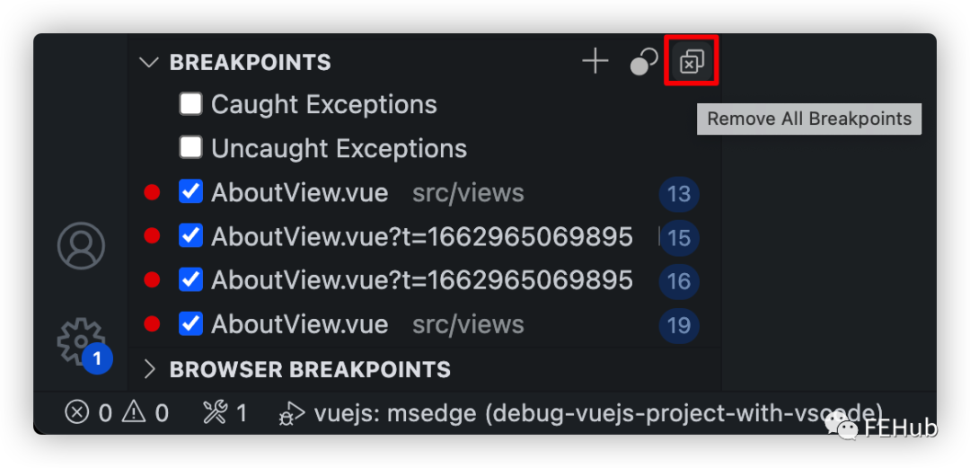 VS Code 断点面板截图,显示多个已失效的断点和“移除所有断点”按钮