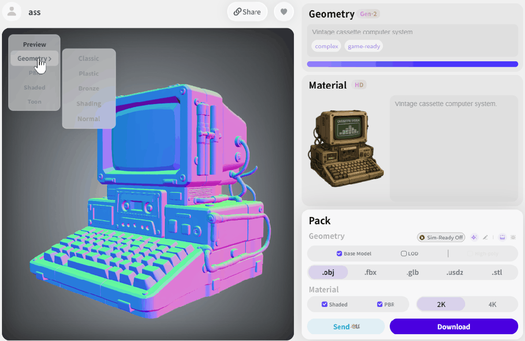 Hyper3D 模型材质与格式选择界面