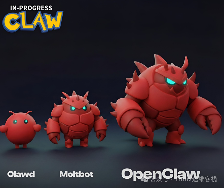 OpenClaw及其家族角色概念图：Clawd、Moltbot和OpenClaw