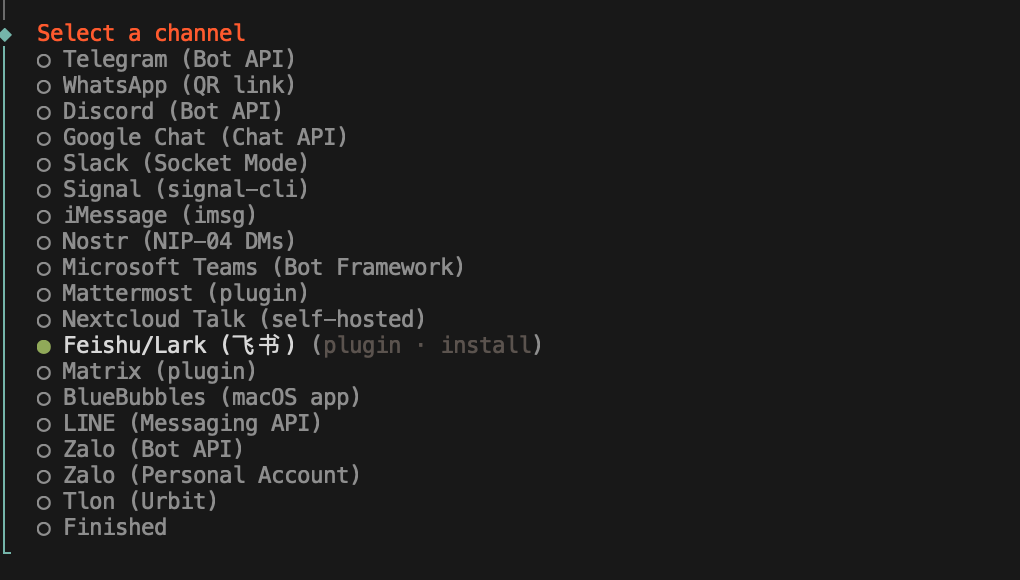 渠道选择列表，选中 Feishu/Lark 选项