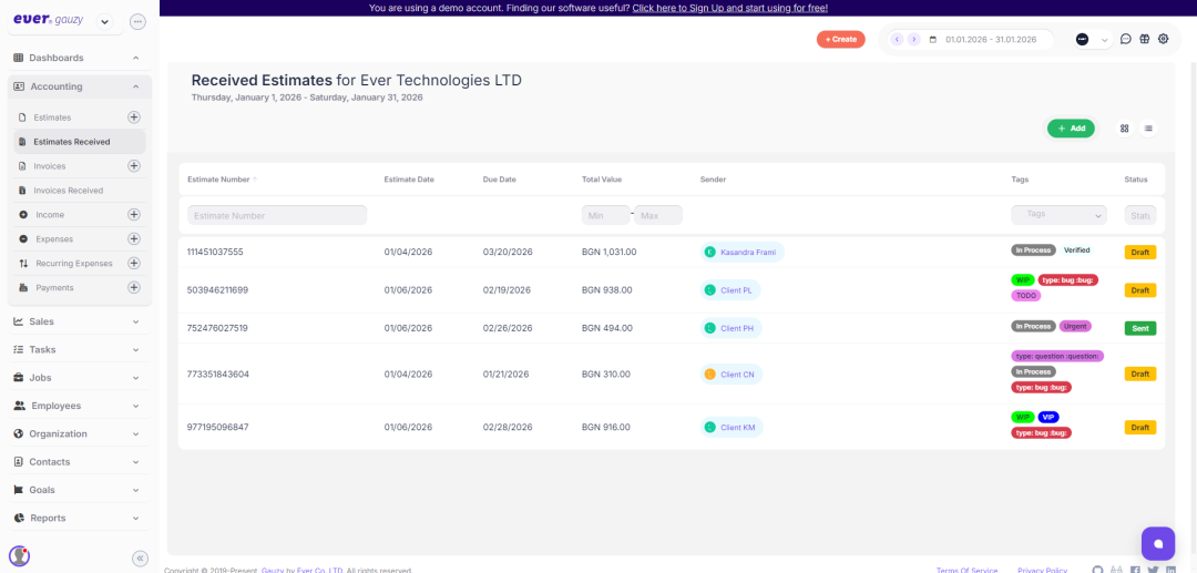 Ever Gauzy 已接收估算单管理