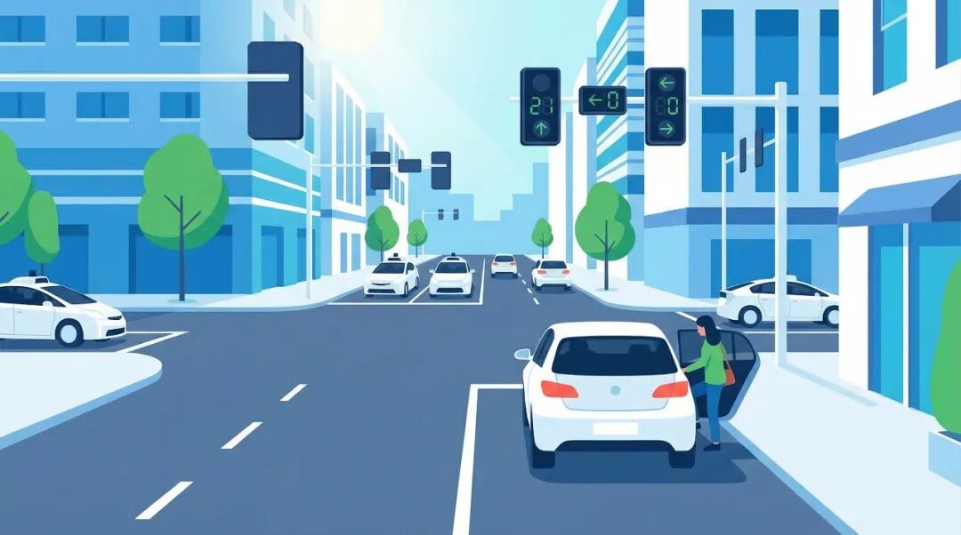 描绘未来城市中自动驾驶出租车运行场景的科技感插画