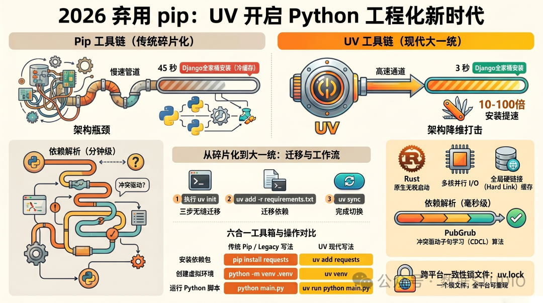 2026 弃用 pip:UV 开启 Python 工程化新时代对比图