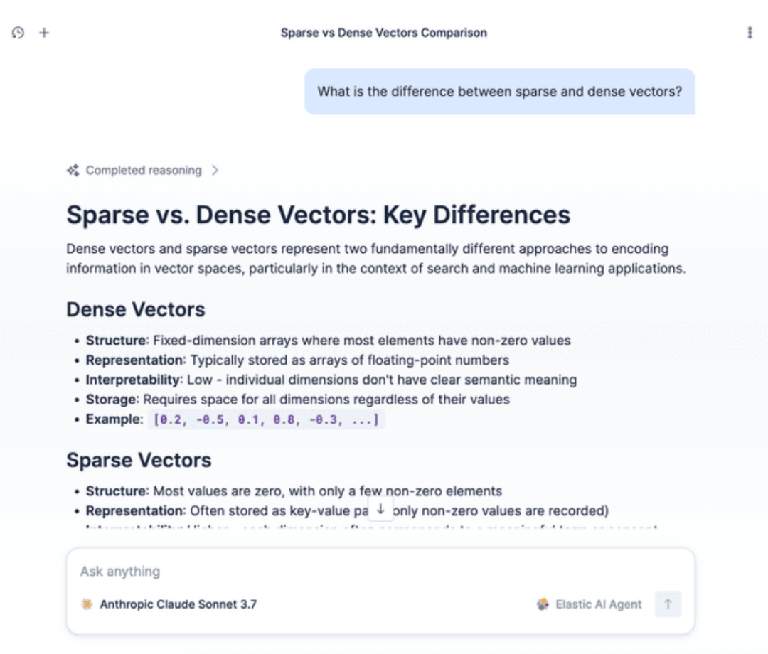 Elastic AI Agent 回答稀疏与稠密向量区别