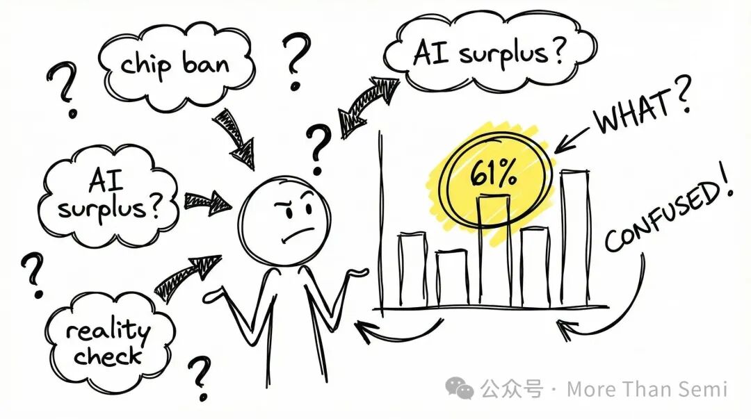 数据困惑表情包：包含chip ban? AI surplus? 和标注61%的柱状图