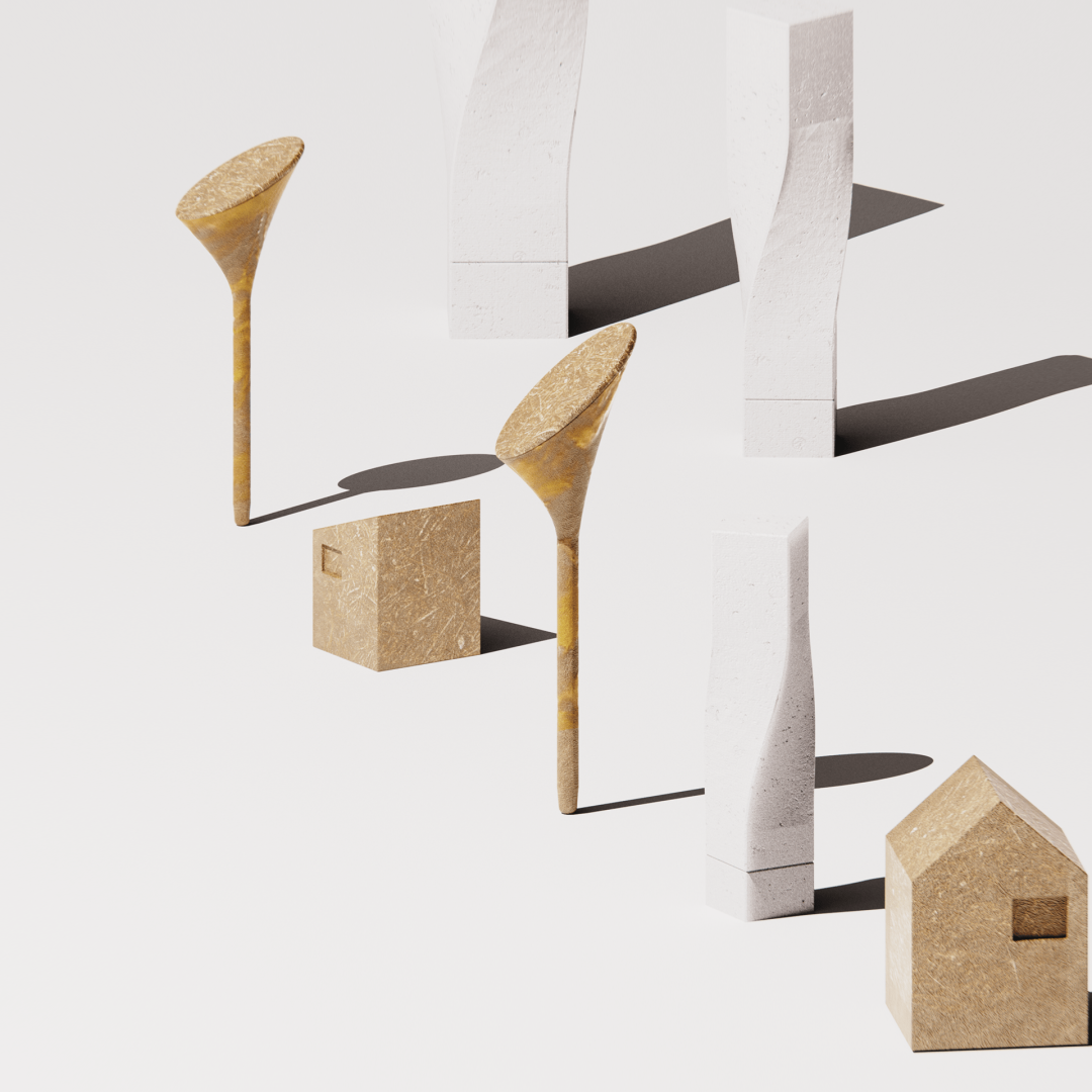 白色背景上的抽象几何造型物体与房屋模型