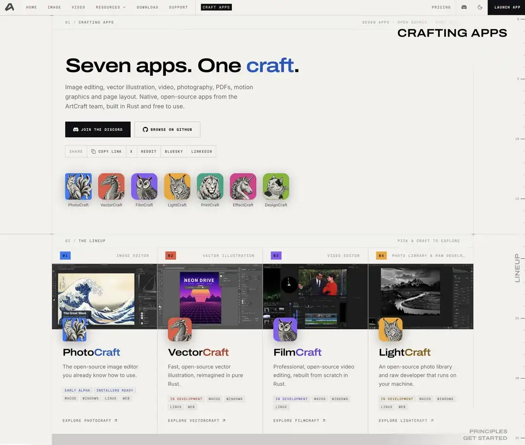 ArtCraft 开源创意工具页面:PhotoCraft、VectorCraft、FilmCraft 等