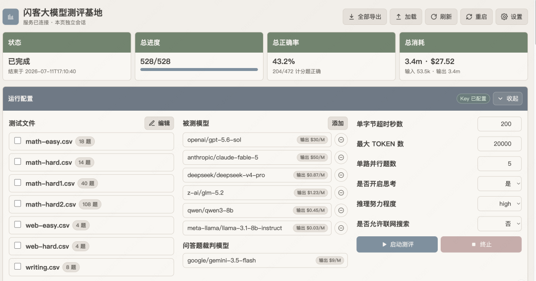 闪客大模型测评基地主界面,显示运行配置及模型列表