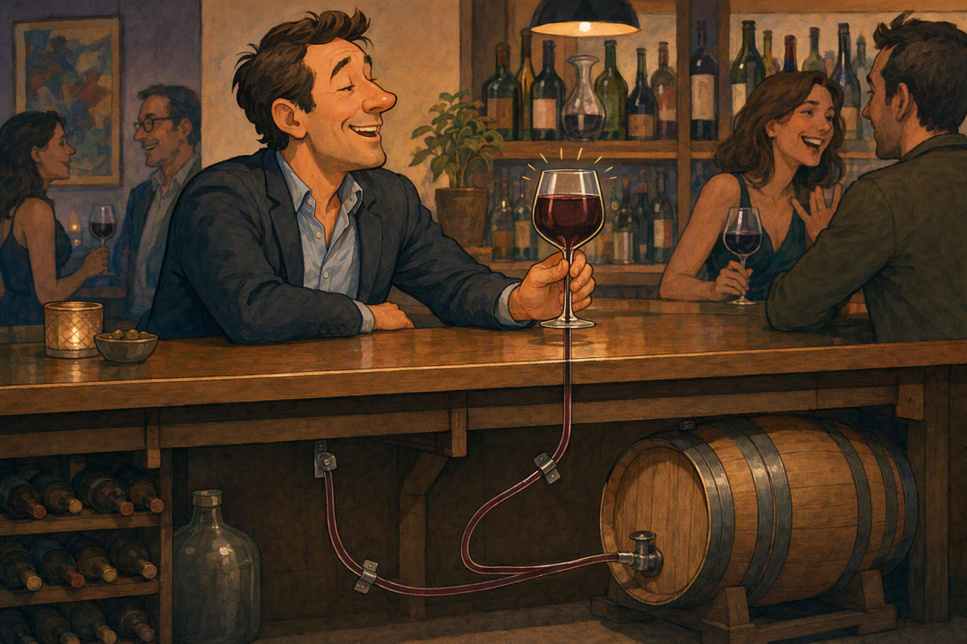 酒吧插画：中央西装男子闭眼微笑举着红酒杯，酒杯底部延伸出一根软管，连接至台下木制酒桶，暗示“自动续杯”；背景中男女交谈，灯光温暖柔和
