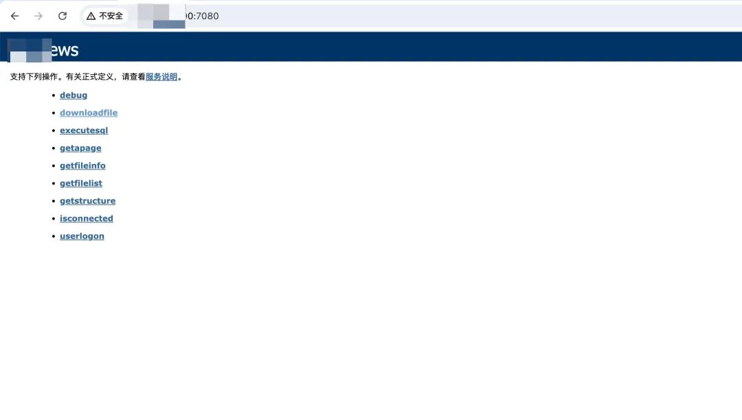 一个简单的Web服务操作列表页面，显示debug、downloadfile等方法
