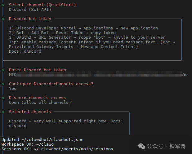 终端内粘贴Discord Bot Token的步骤提示