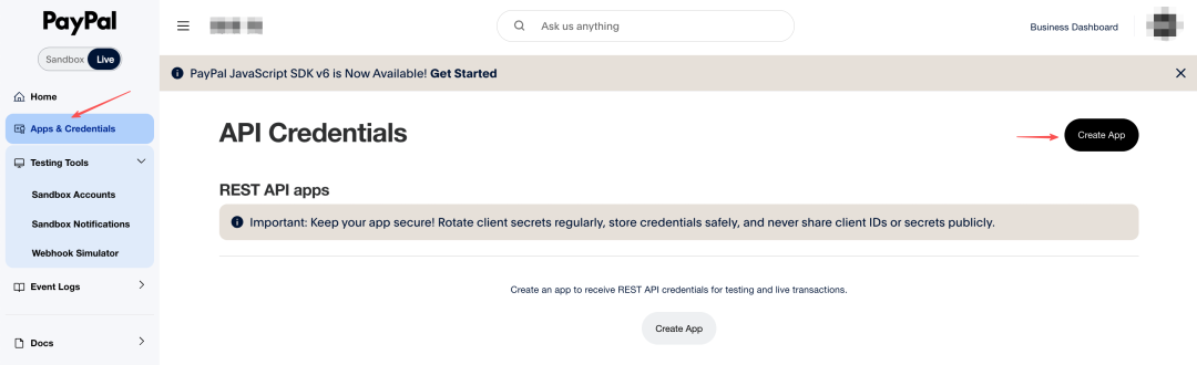 PayPal开发者后台Live环境