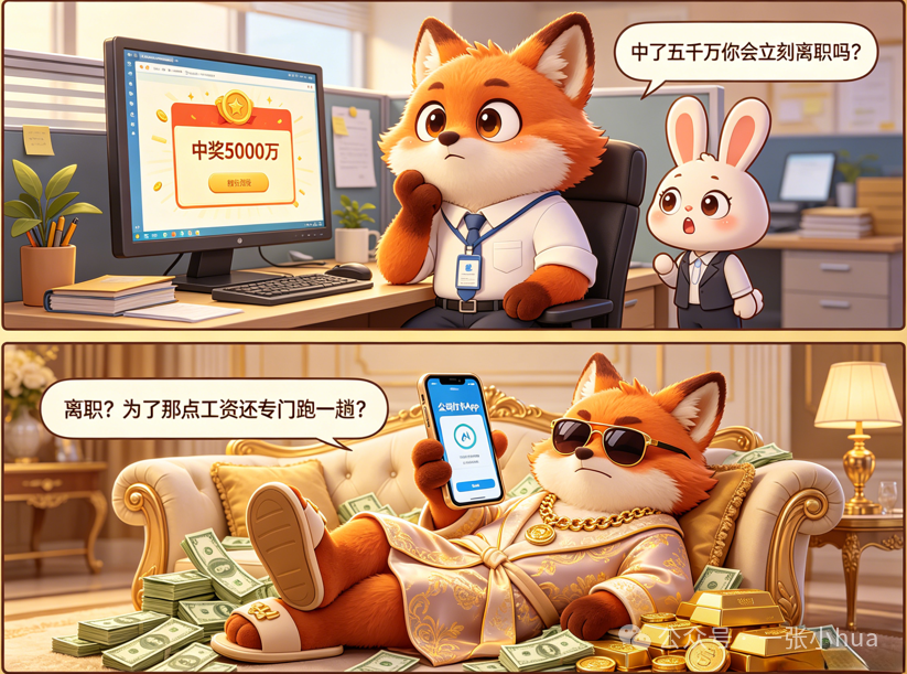 一张描绘职场心态转变的卡通漫画：一只狐狸中奖前后从认真工作到慵懒享受的对比