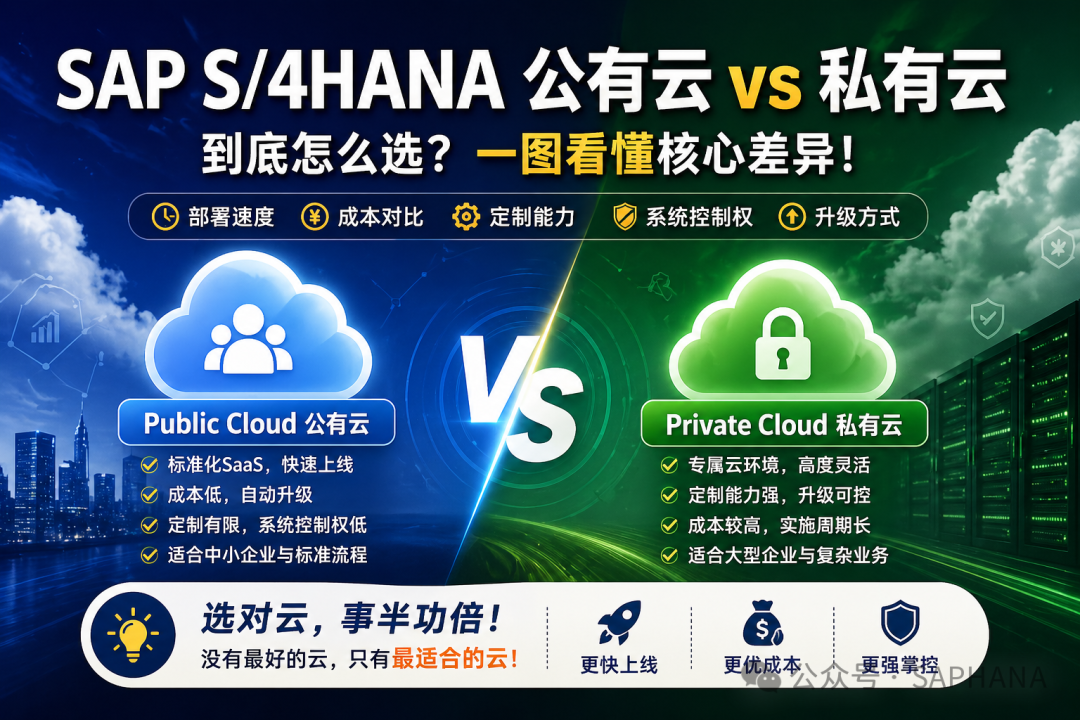 SAP S/4HANA公有云与私有云对比宣传图，左侧蓝色区域为公有云（标准化SaaS、快速上线、低成本），右侧绿色区域为私有云（专属环境、高度灵活、强控制）