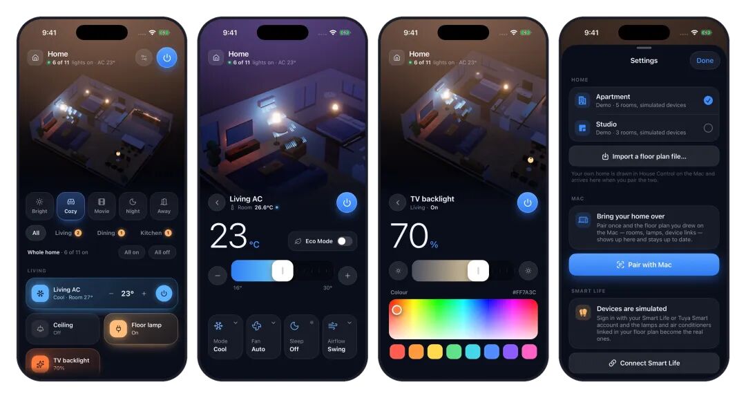 House Control iPhone 端 3D 户型控制与空调背光设置界面