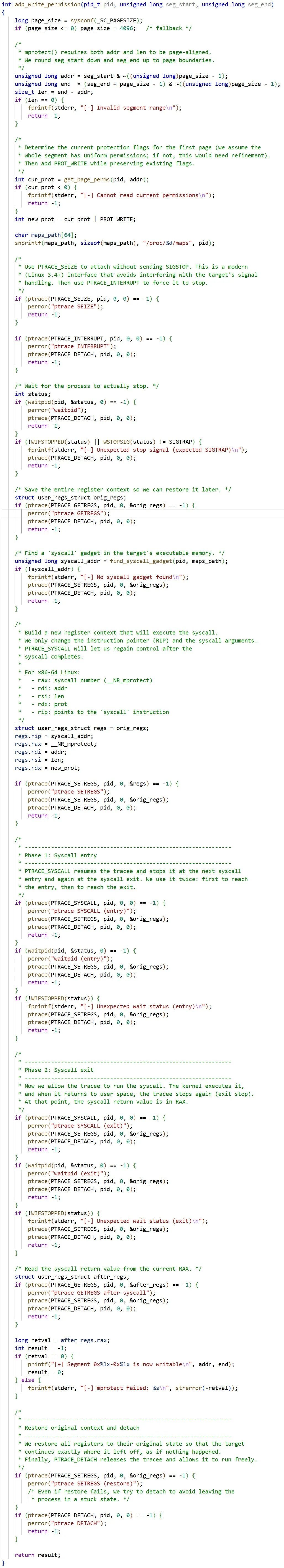 add_write_permission 函数通过 ptrace 注入 mprotect 的关键代码