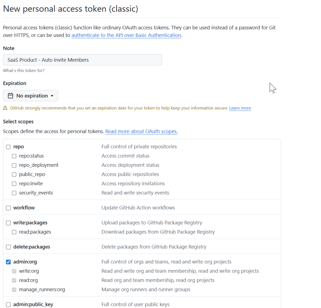 GitHub创建经典个人访问令牌页面，填写Note和勾选admin:org权限