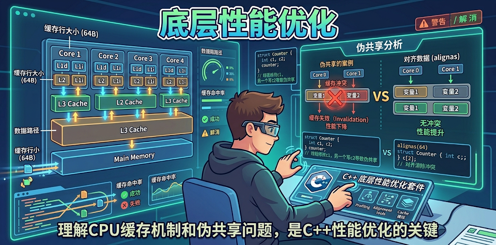 关于C++底层性能优化与伪共享问题的科技插画