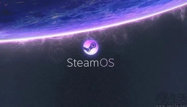 SteamOS启动加载界面，深蓝紫星云背景中浮现行星弧面与紫光晕，中央为Steam蒸汽朋克风徽标及SteamOS白色字样