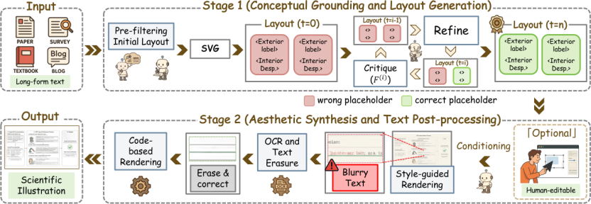 AutoFigure两阶段解耦设计图：第一阶段生成结构布局，第二阶段进行美学渲染和文字后处理