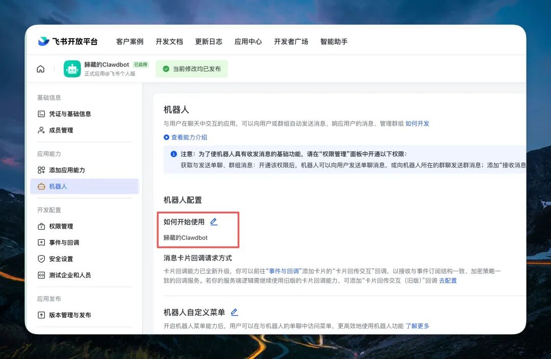 飞书机器人能力配置页面