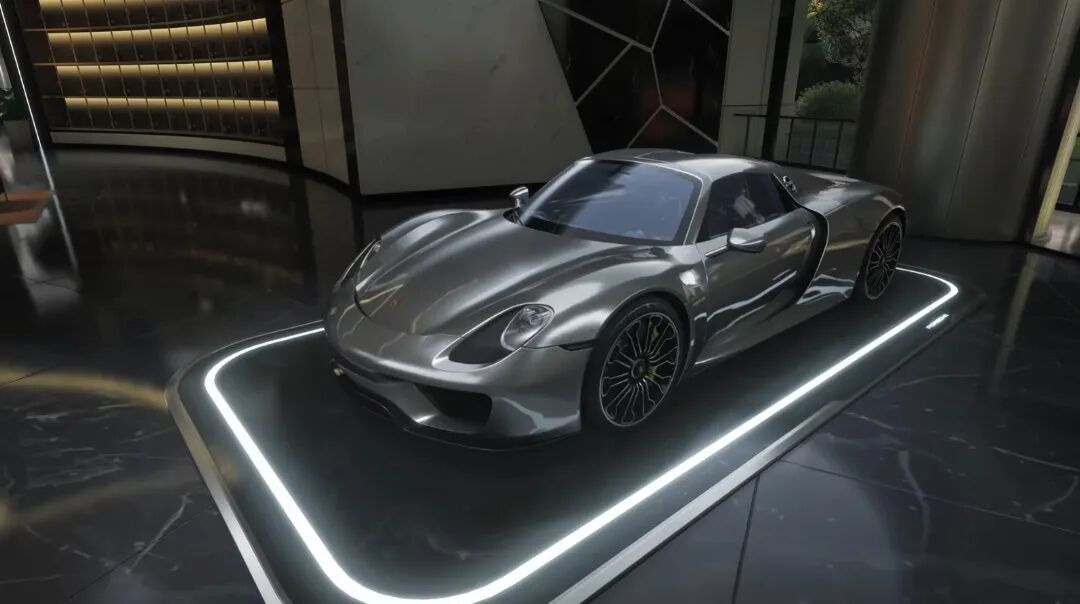 《异环》游戏中保时捷918在展厅中的静态图