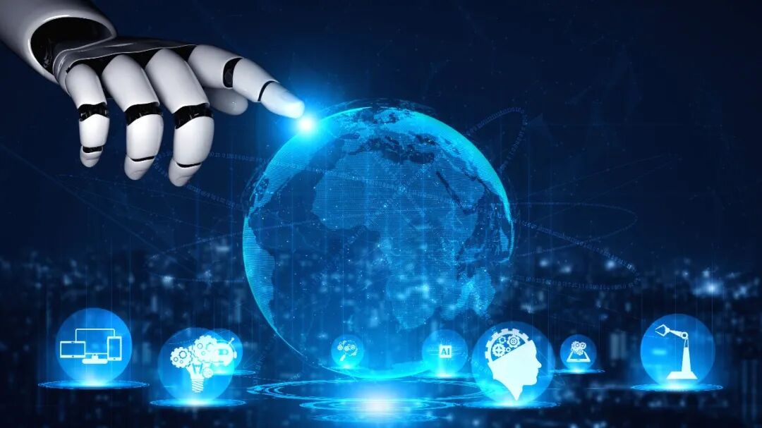 象征AI与网络安全攻防的地球与机械手概念图