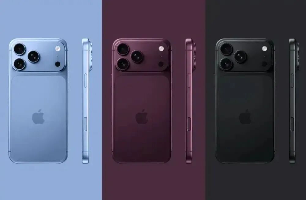 浅蓝、酒红和深空黑三款颜色iPhone背面与侧面视图并列排布