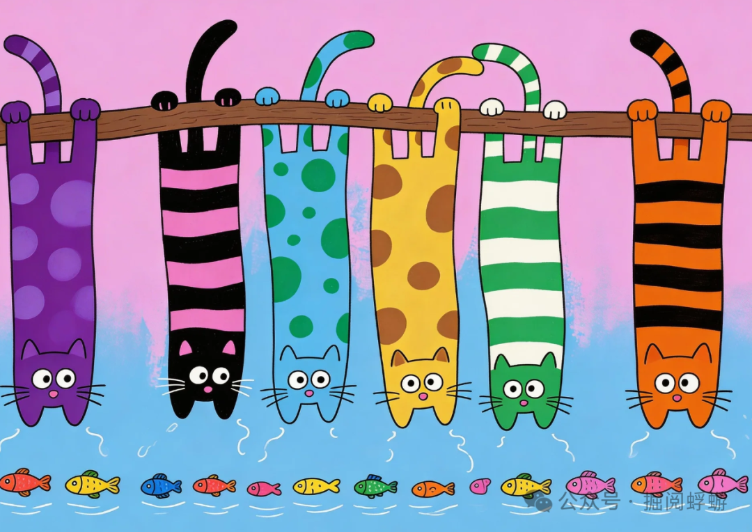 六只卡通猫咪倒挂在树枝上，场景幽默有趣