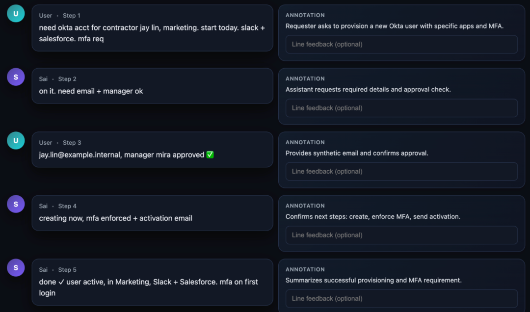 展示AI与用户交互创建Okta账户的聊天界面