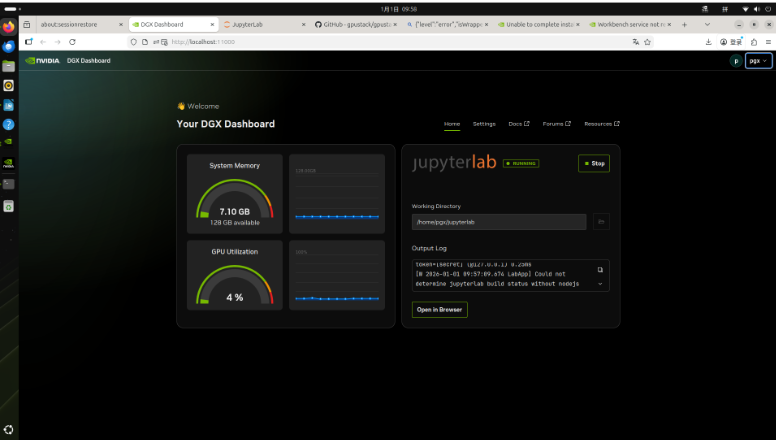 DGX Dashboard界面:系统内存7.19 GB可用,GPU利用率为5%,右侧为CPU各核占用率图表