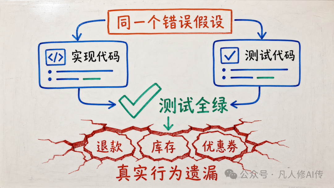 测试与实现共享错误假设导致真实行为遗漏:退款、库存、优惠券未被覆盖