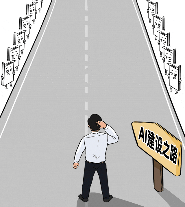 标有“建设成本高、服务性能差、落地难度大、安全风险高”的AI建设之路漫画
