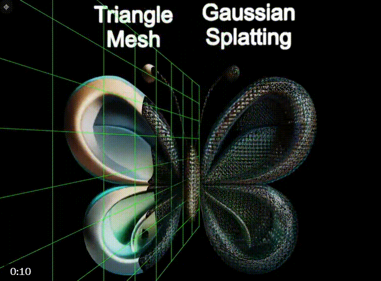 三角形网格与高斯泼溅渲染效果对比动图