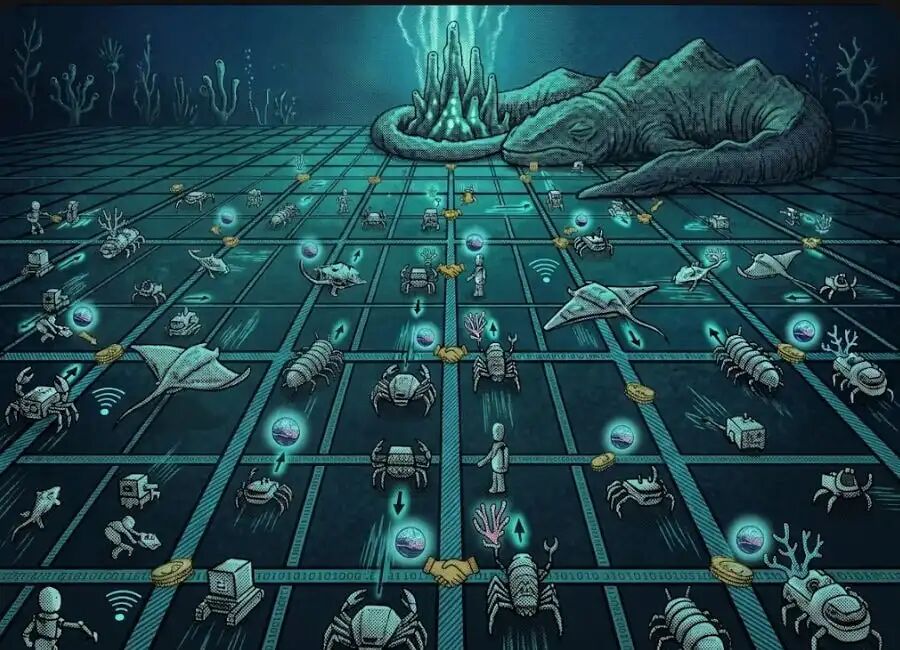 一幅描绘深海与科技融合的插图，象征AI智能体经济的底层生态