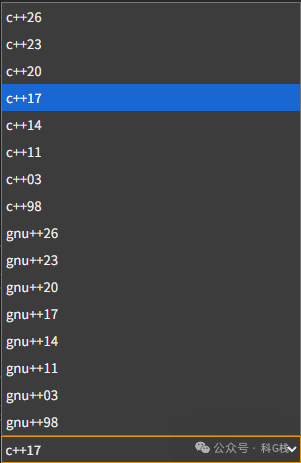 C++语言标准版本选择下拉菜单